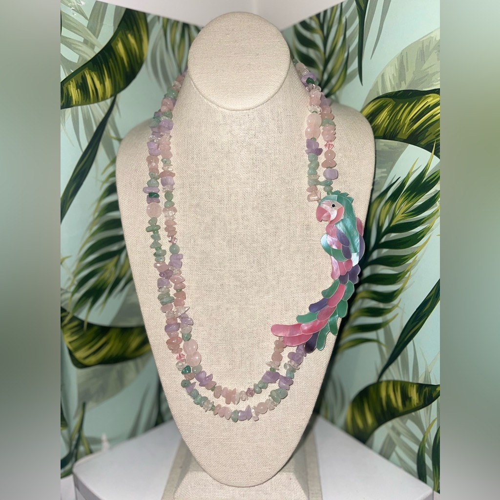 Pastel Mother Of Pearl Parrot Necklace With Quartz Gemstones By Lee Sands, 1980s